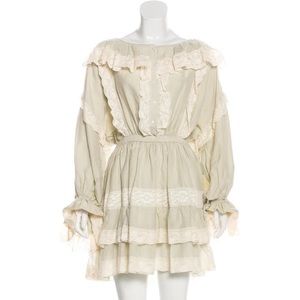 Lace Trim Embellishment Long Sleeve with Bateau Neckline Button Closure at Front